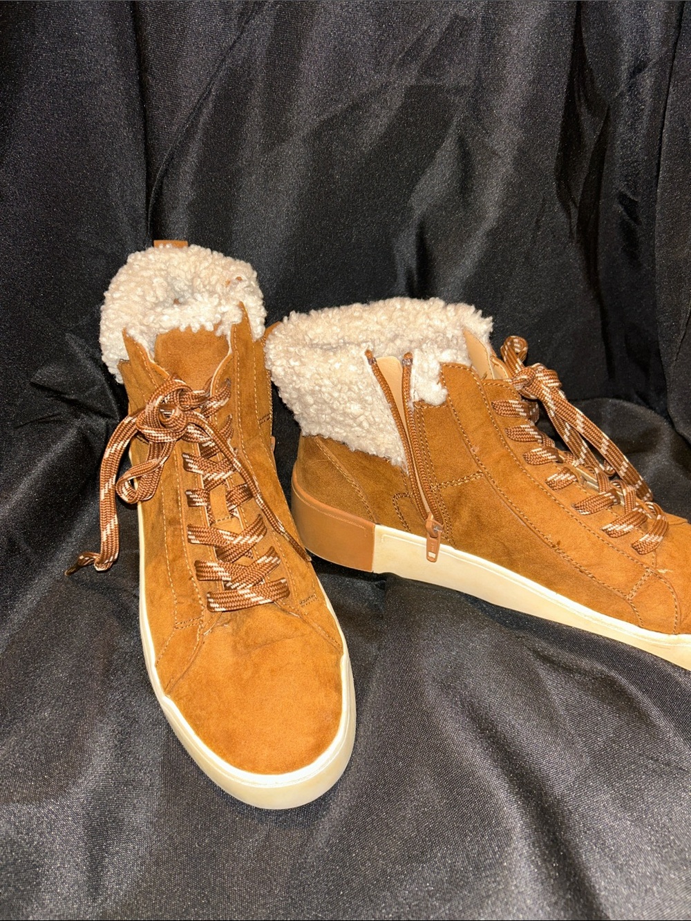 Time and Tru Tan Faux-Shearling Lace-Up Ankle Booties